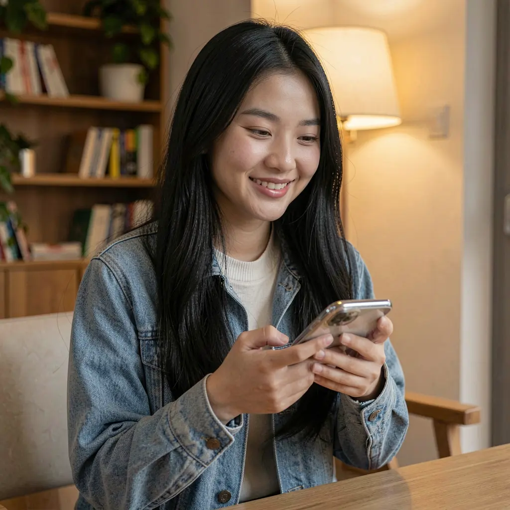 PP88 App – A seamless and user friendly mobile casino experience for players in Vietnam Stylish Vietnamese woman using the PP88 mobile casino app on her smartphone in a cozy indoor setting with warm lighting