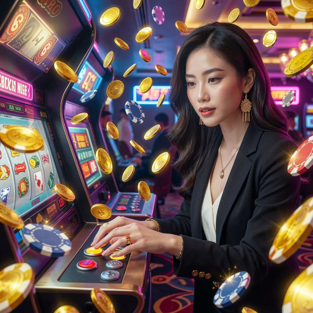 A stylish Vietnamese woman enjoying vibrant slot machine gameplay with glowing coins at PP88 casino in Ho Chi Minh City